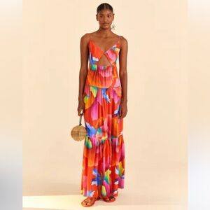 FARM Rio Ombré Chita Red & Orange tiered Maxi Dress NWT
